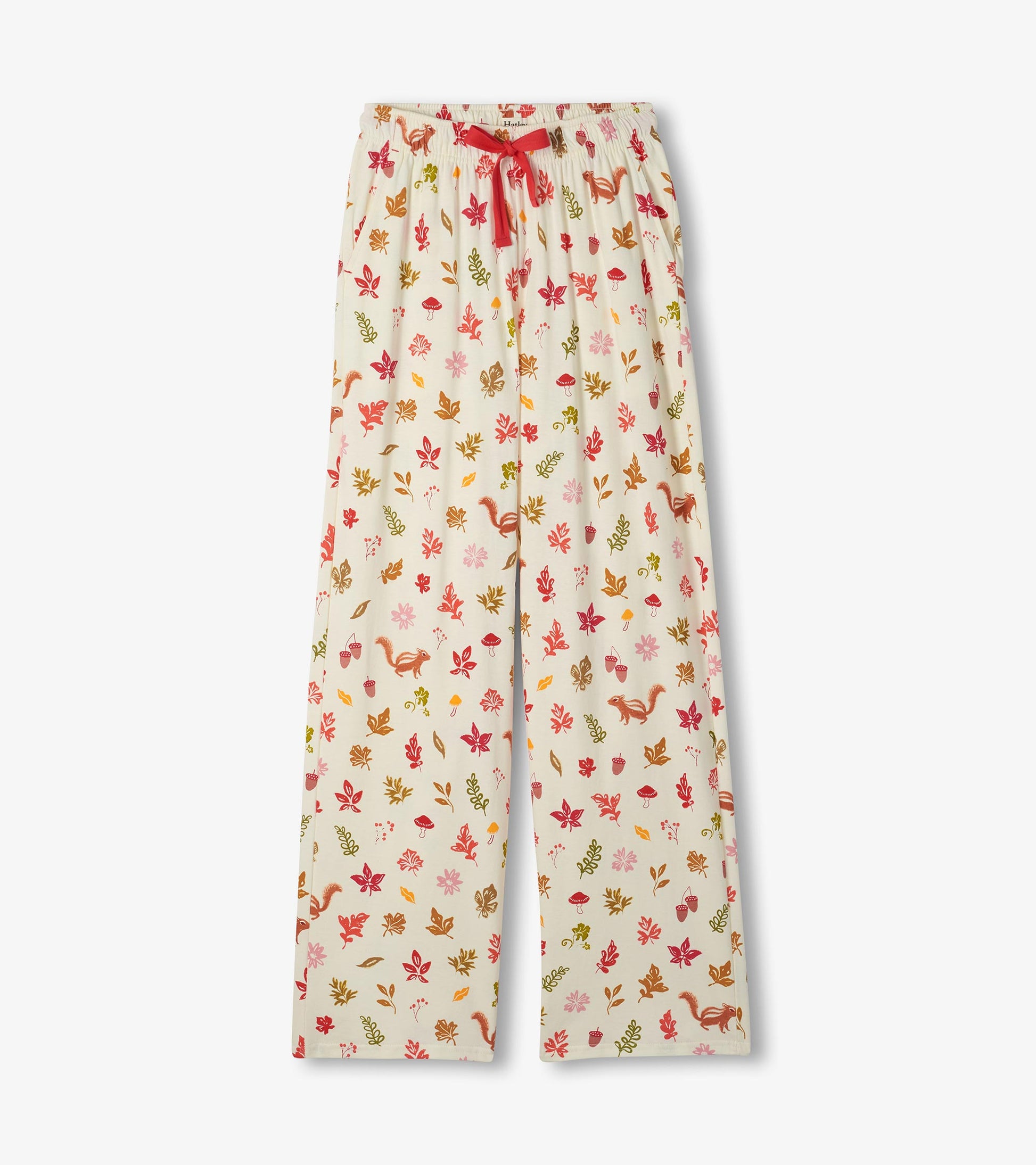 Pajama pants with red drawstring and fall print of leaves, acorns, mushrooms, and squirrels