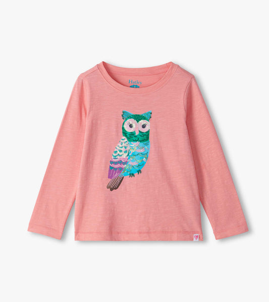 Kids pink long sleeve tee with a colorful owl graphic on the front