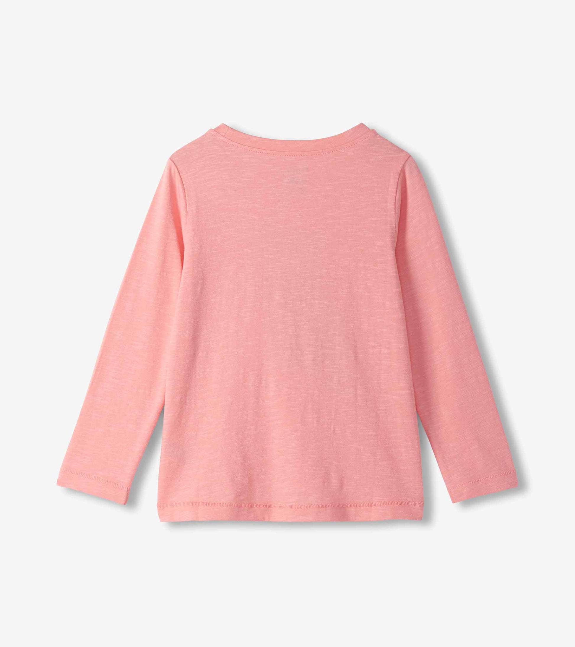 Back view of girls pink long-sleeve T-shirt with plain solid design