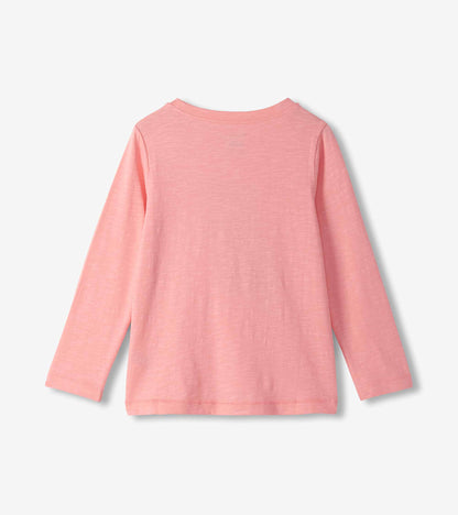 Back view of girls pink long-sleeve T-shirt with plain solid design