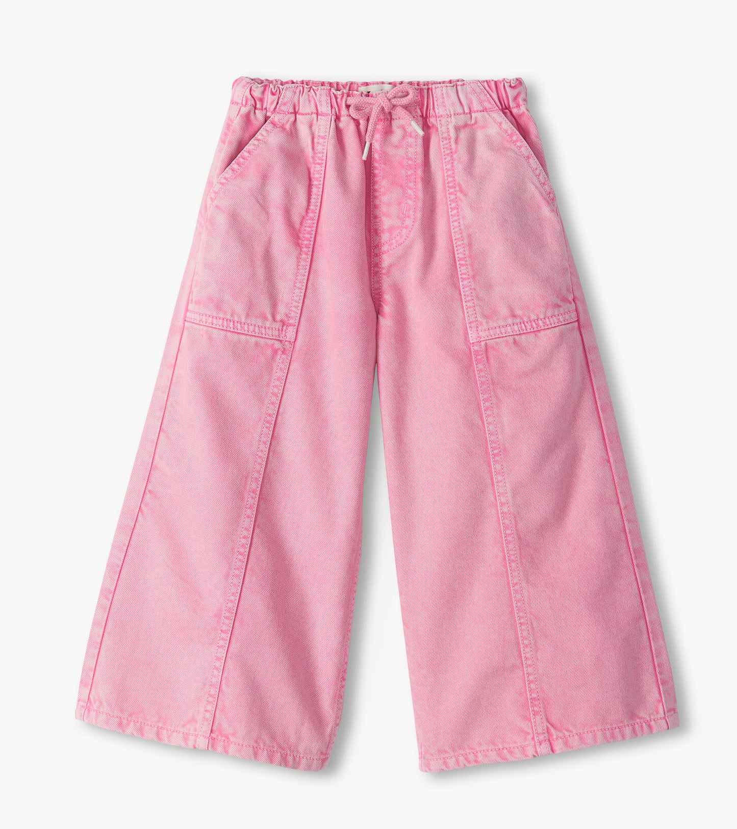 Front view of girls flamingo pink wide leg jeans with elastic waistband, drawcord, and front pockets