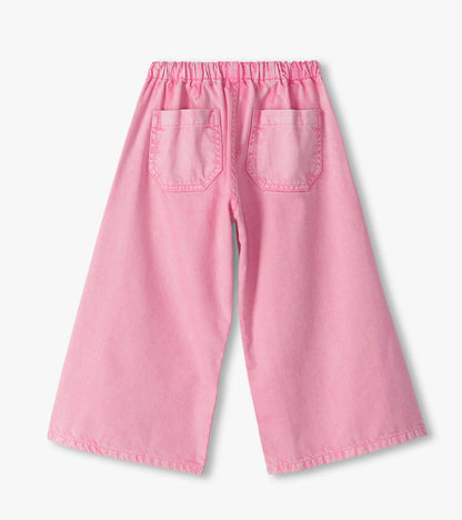 Back view of girls flamingo pink wide leg jeans with elastic waistband and two back patch pockets