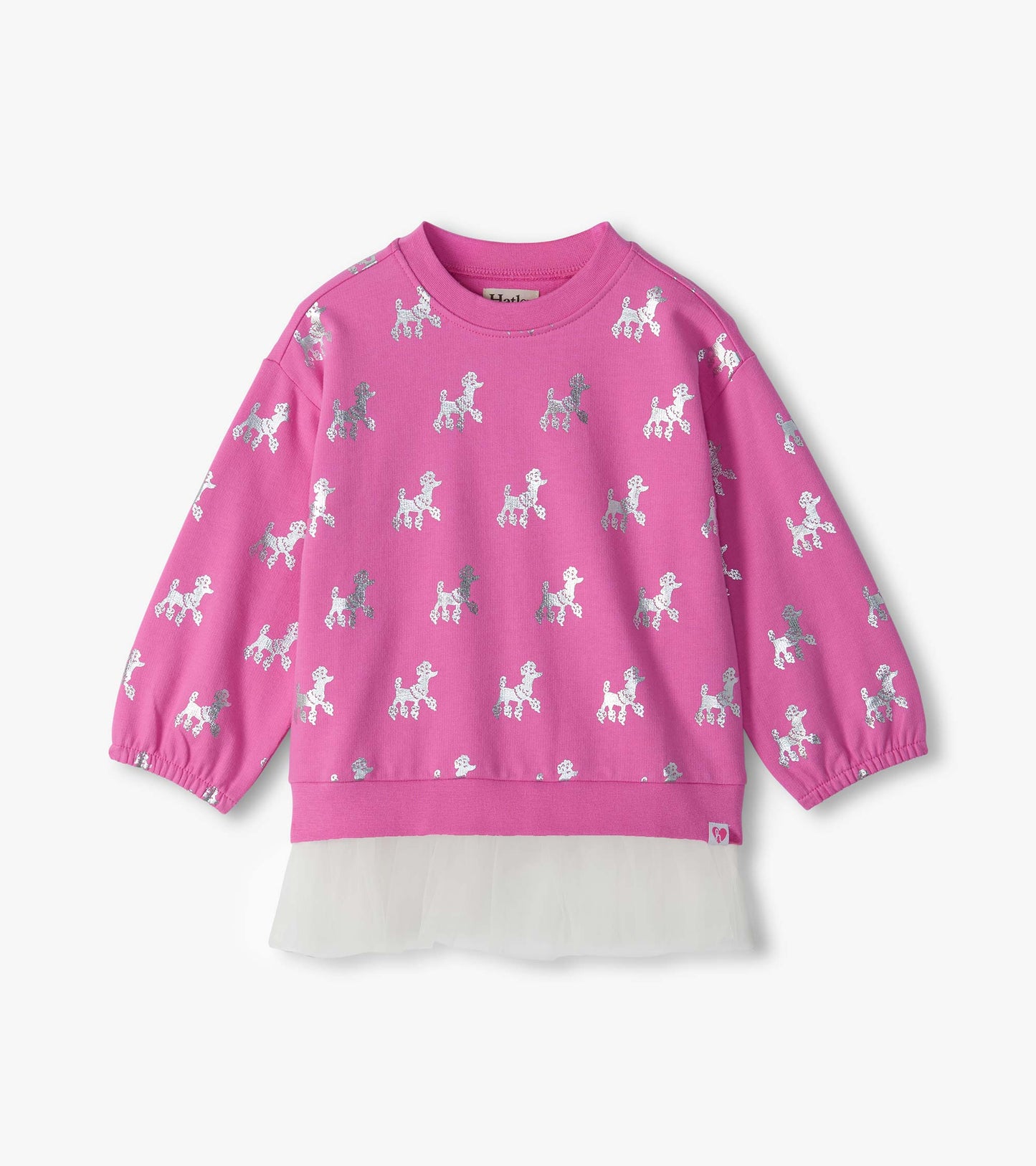Pink long sleeve top with silver poodle print and attached white tulle hem