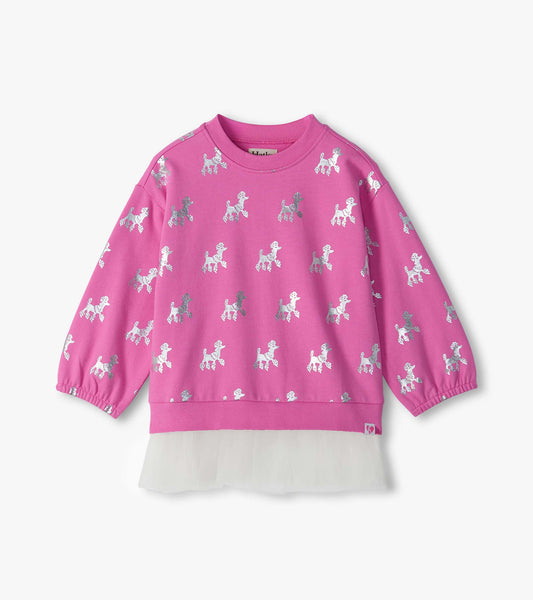 Pink long sleeve top with silver poodle print and attached white tulle hem