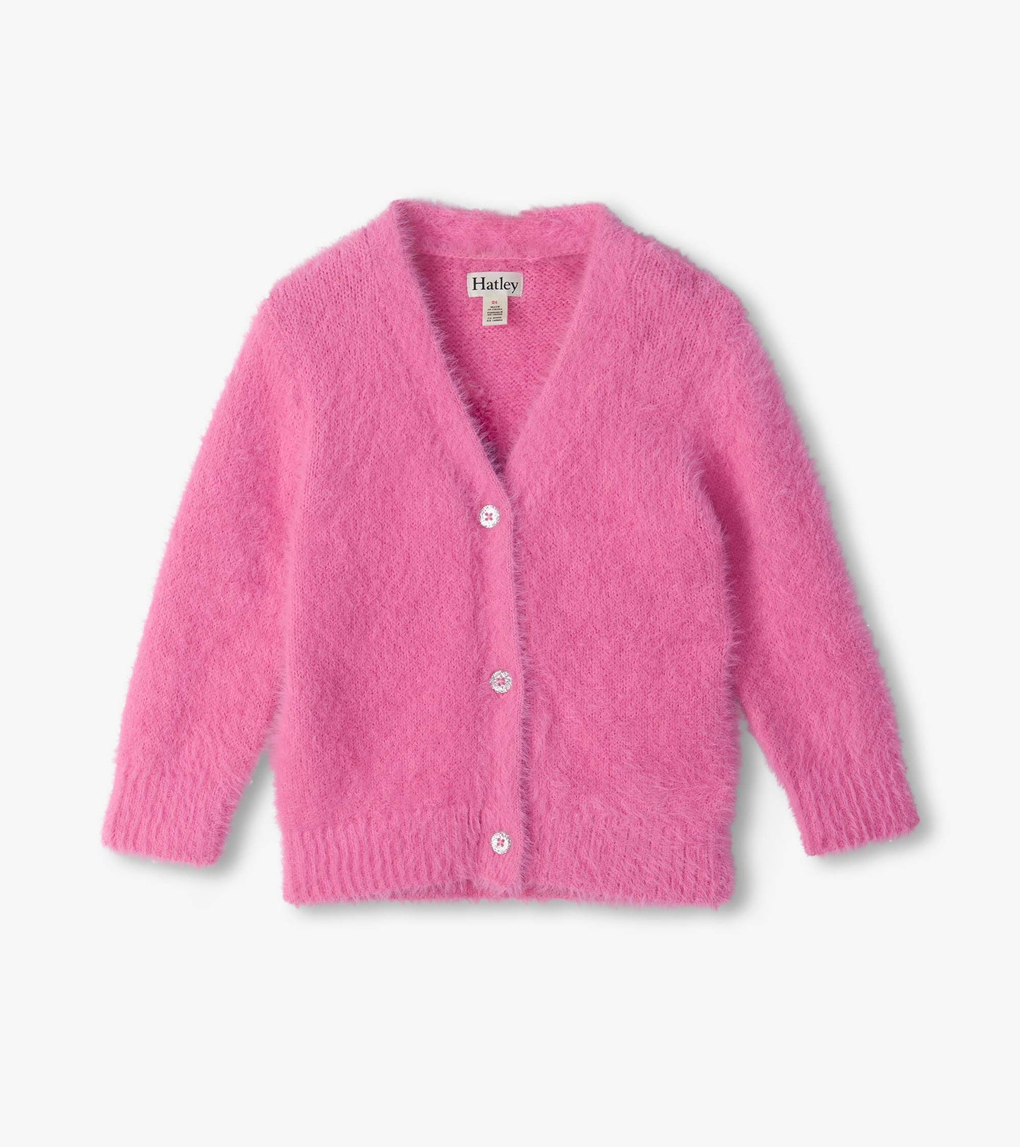 Front view of bright pink fuzzy cardigan with V-neck, long sleeves, and button front