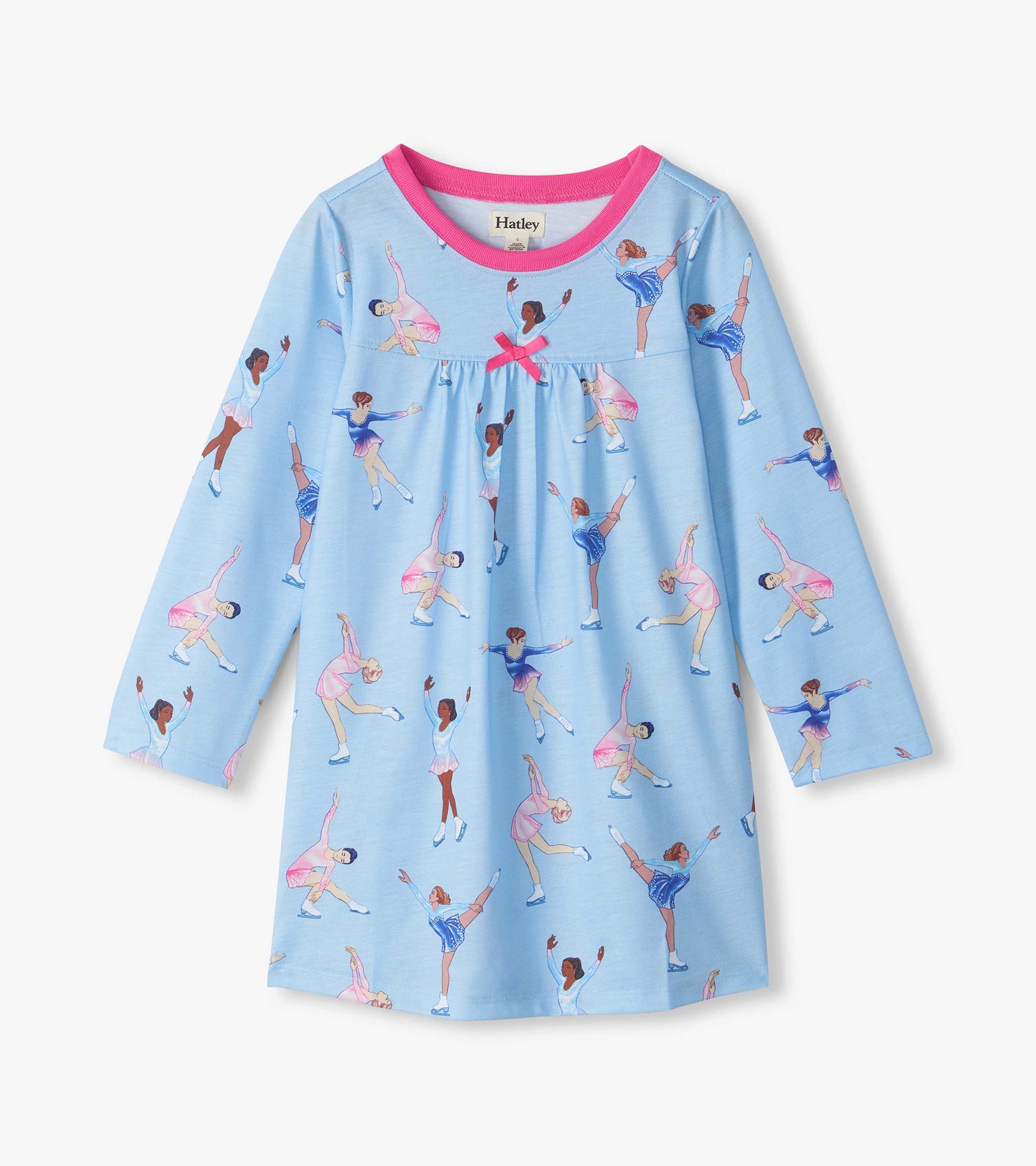 Kids long-sleeve blue nightdress with figure skater print, pink neckline, and small pink bow