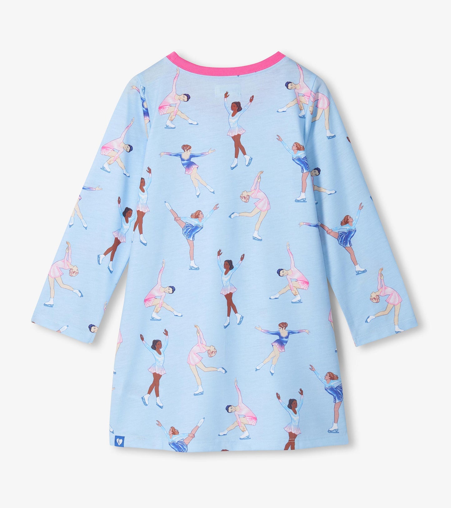 Back view of girls blue long-sleeve nightdress with pink neckline and allover figure skater print