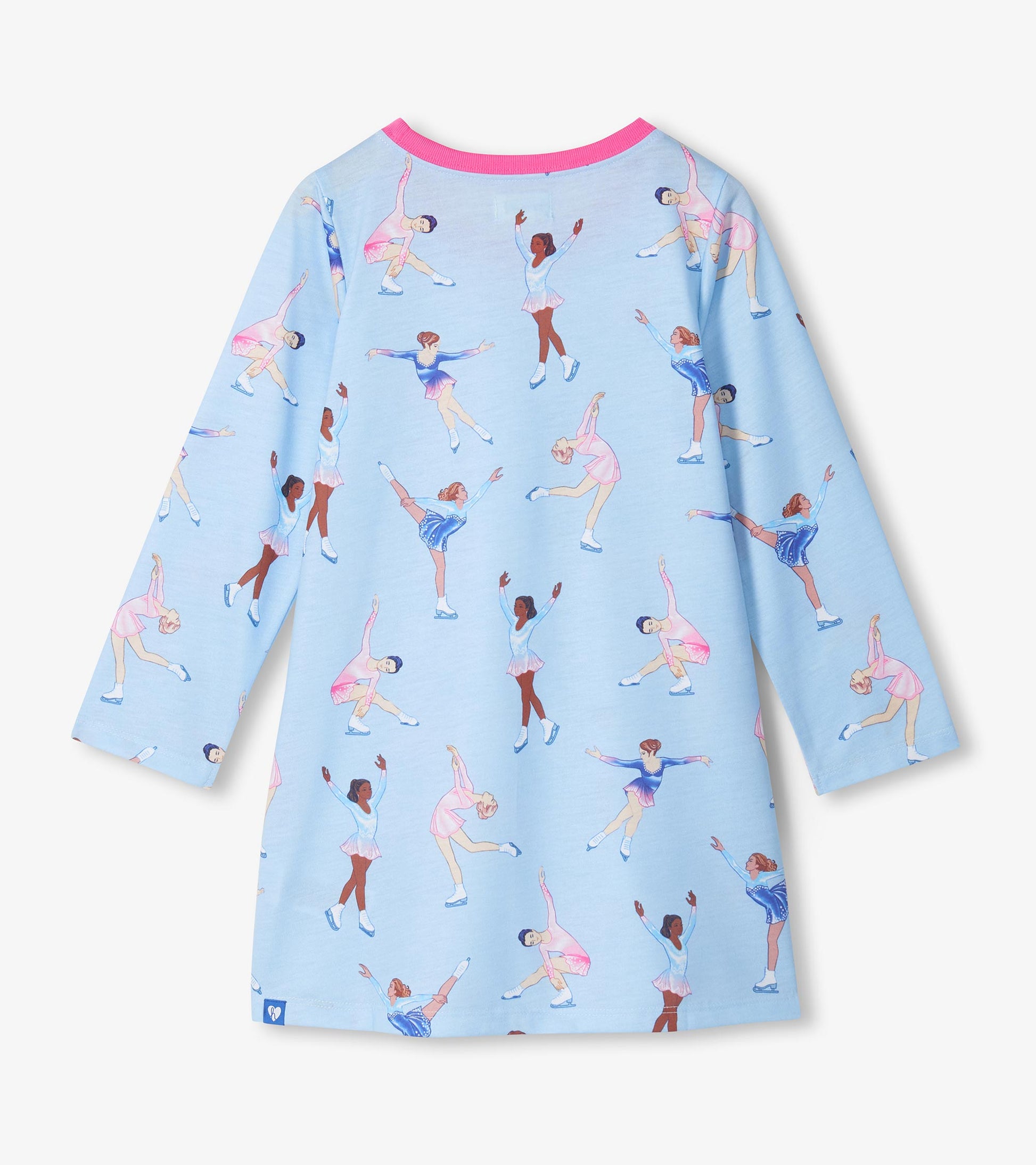 Back view of girls blue long-sleeve nightdress with pink neckline and allover figure skater print