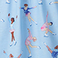 Children on blue strings against a light blue background with scattered orange and blue shapes