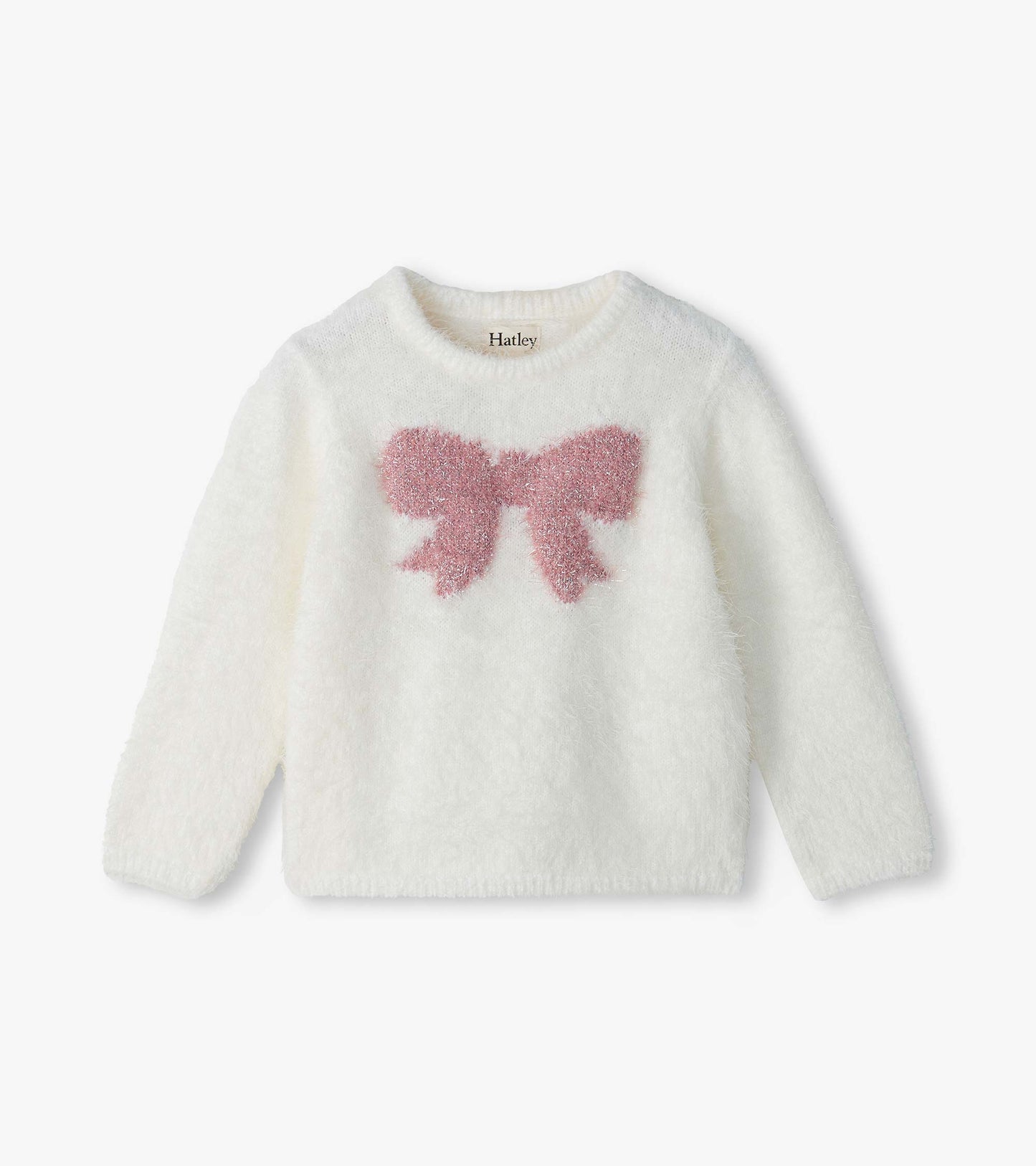 Infant white fuzzy sweater with a pink bow on the front and long sleeves