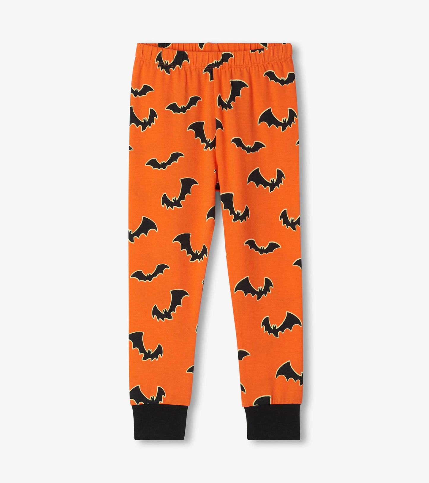 Orange pajama pants with black bat print, elastic waist, and black ankle cuffs