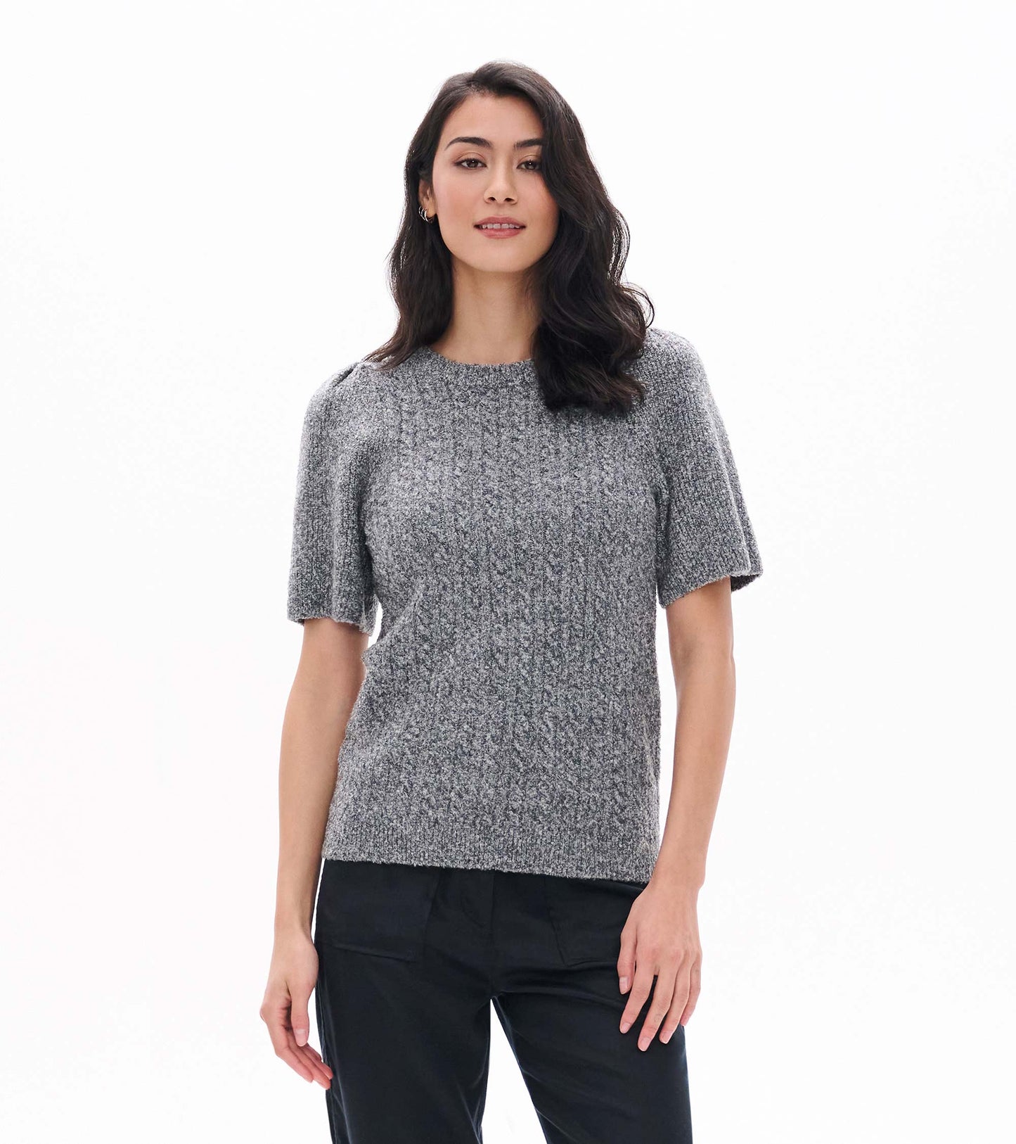 Front view of grey boucle sweater with ribbed texture, crew neckline and short puff sleeves
