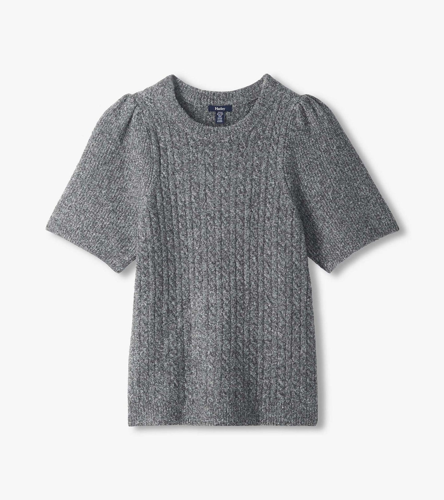 Grey boucle sweater laid flat, showing ribbed texture, crew neckline and short puff sleeves