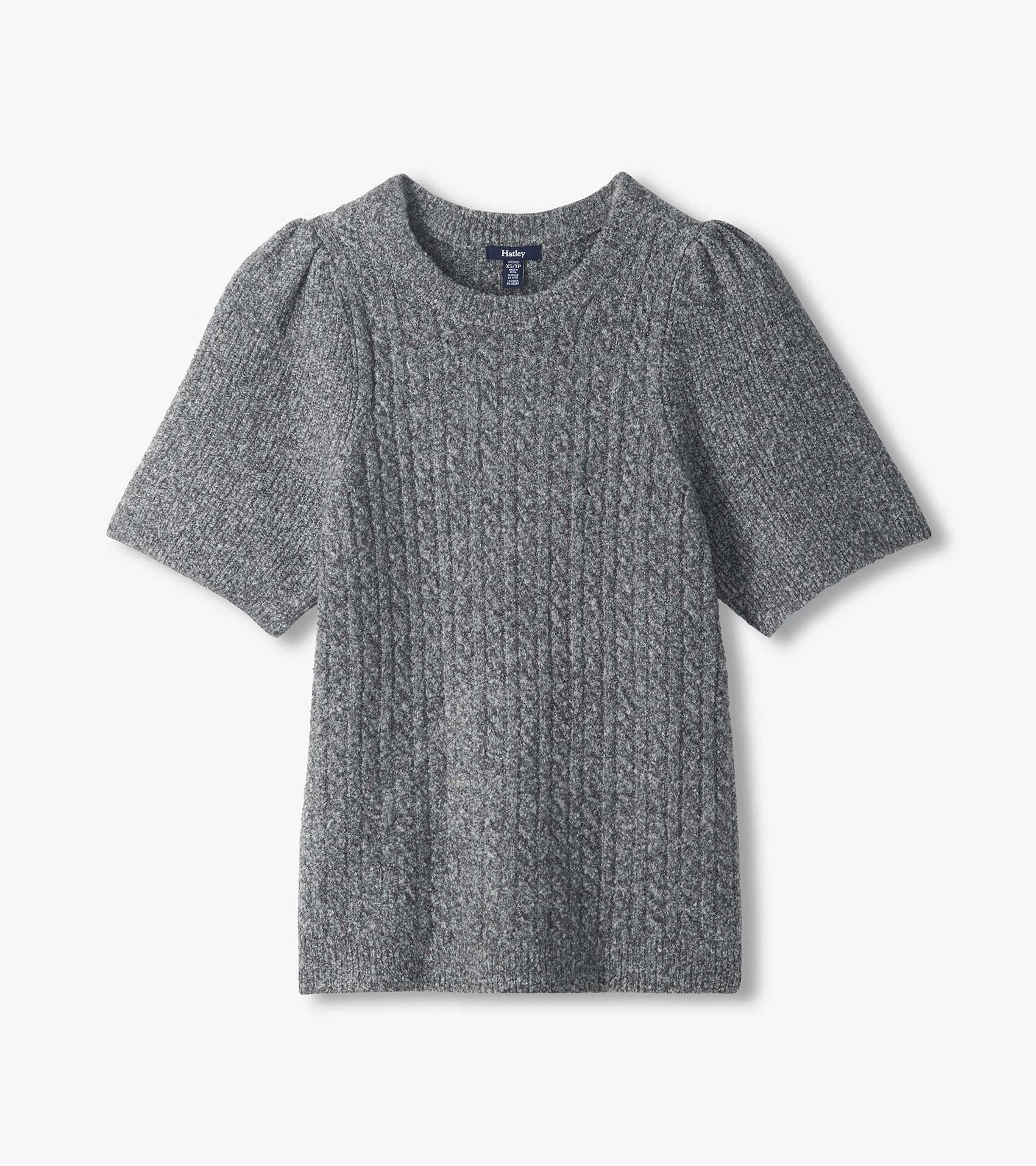 Grey boucle sweater laid flat, showing ribbed texture, crew neckline and short puff sleeves
