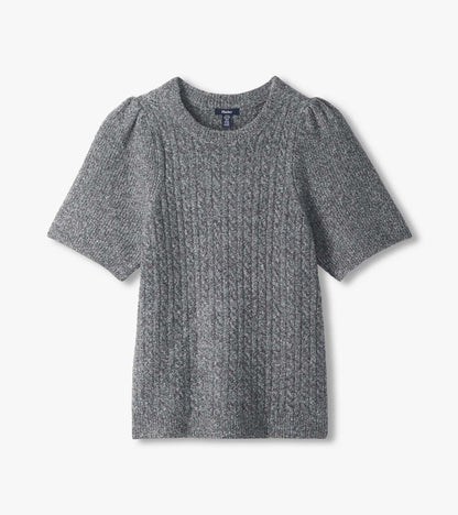 Grey boucle sweater laid flat, showing ribbed texture, crew neckline and short puff sleeves