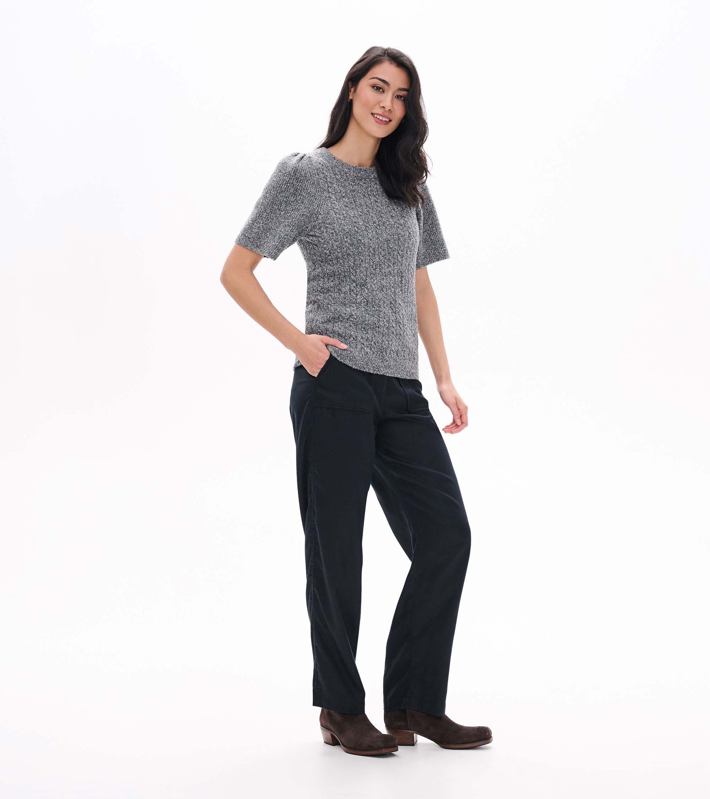 Angled front view of grey boucle sweater with short puff sleeves and crew neckline
