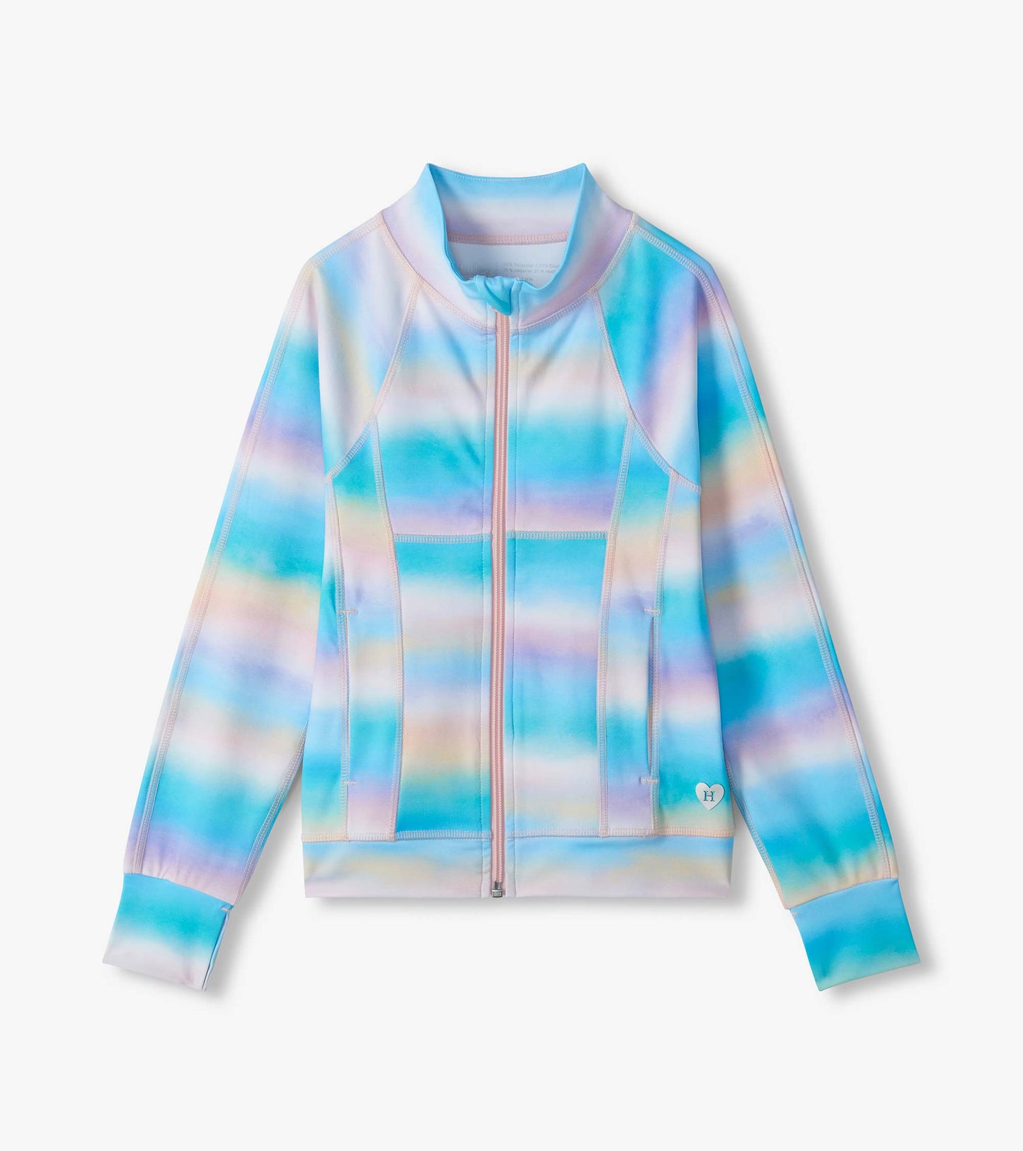 Girls active jacket front view with pastel blue, lilac, and peach ombre stripes, zip front, and mock neck