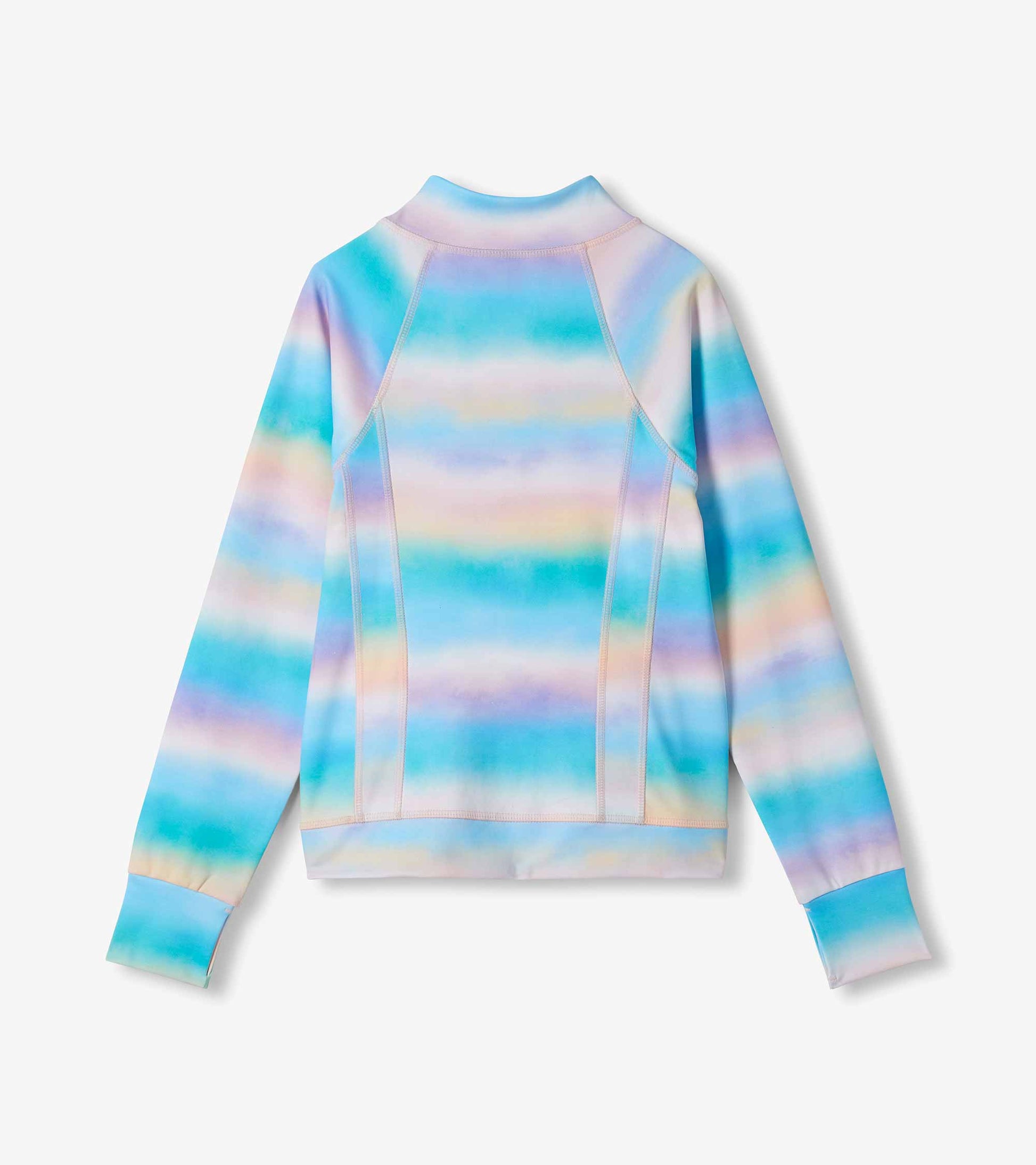 Girls active jacket back view with pastel blue, lilac, and peach ombre stripes and long sleeves