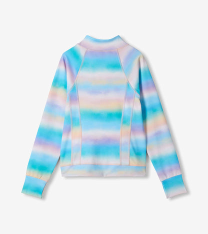 Girls active jacket back view with pastel blue, lilac, and peach ombre stripes and long sleeves
