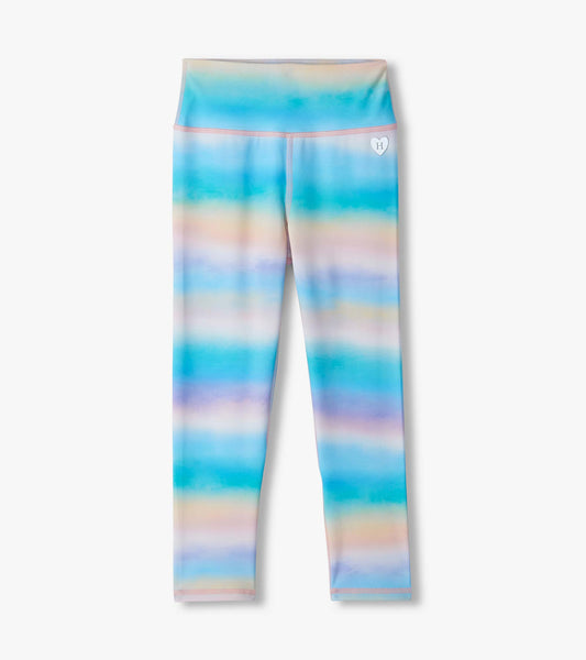 Girls active leggings with pastel blue, pink, and purple striped pattern and wide waistband