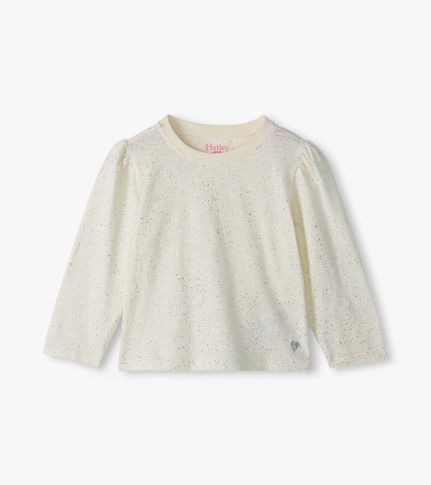 Front view of cream infant tee with silver glitter speckles, puff shoulders, and small heart at hem