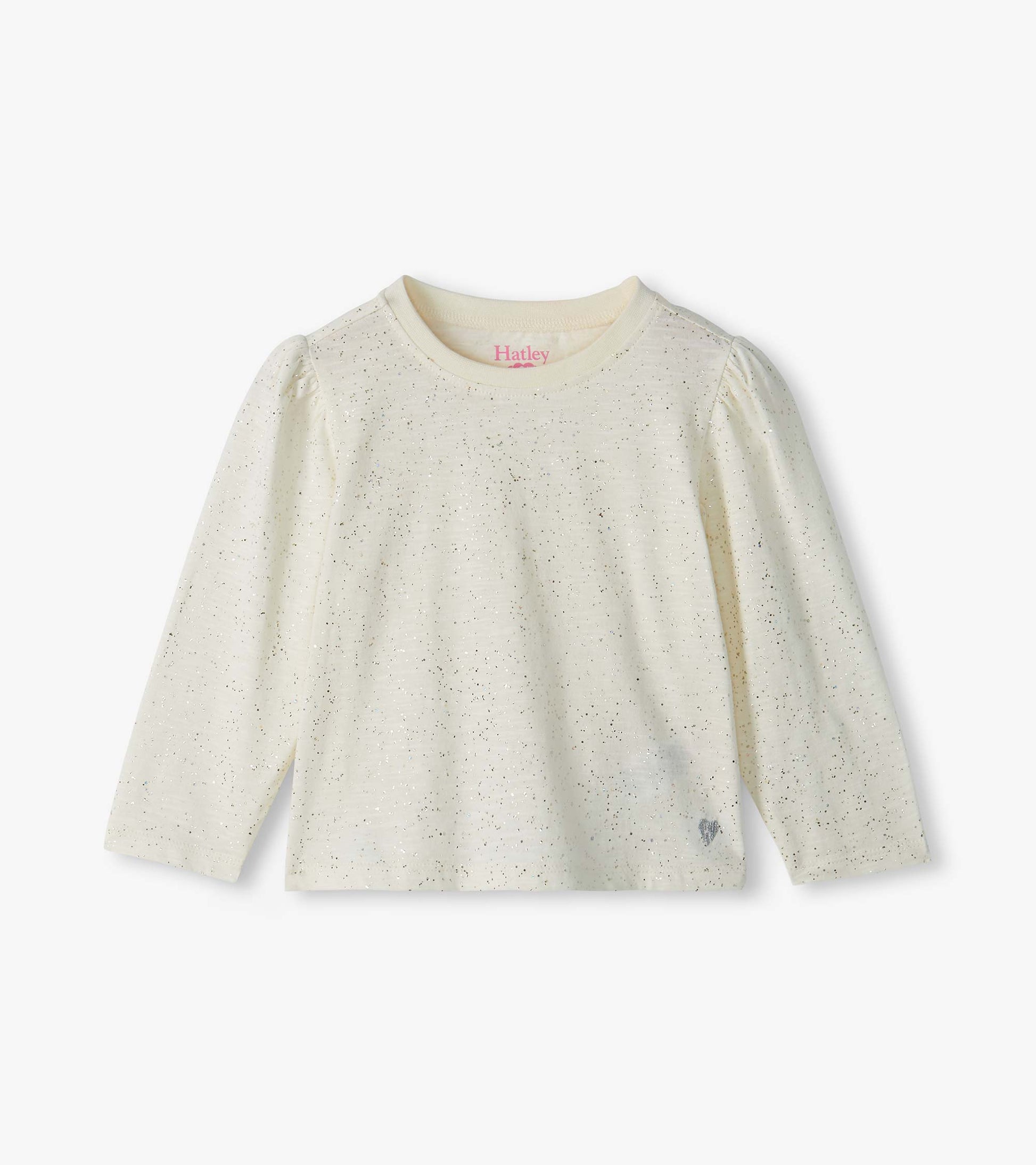Front view of cream infant tee with silver glitter speckles, puff shoulders, and small heart at hem