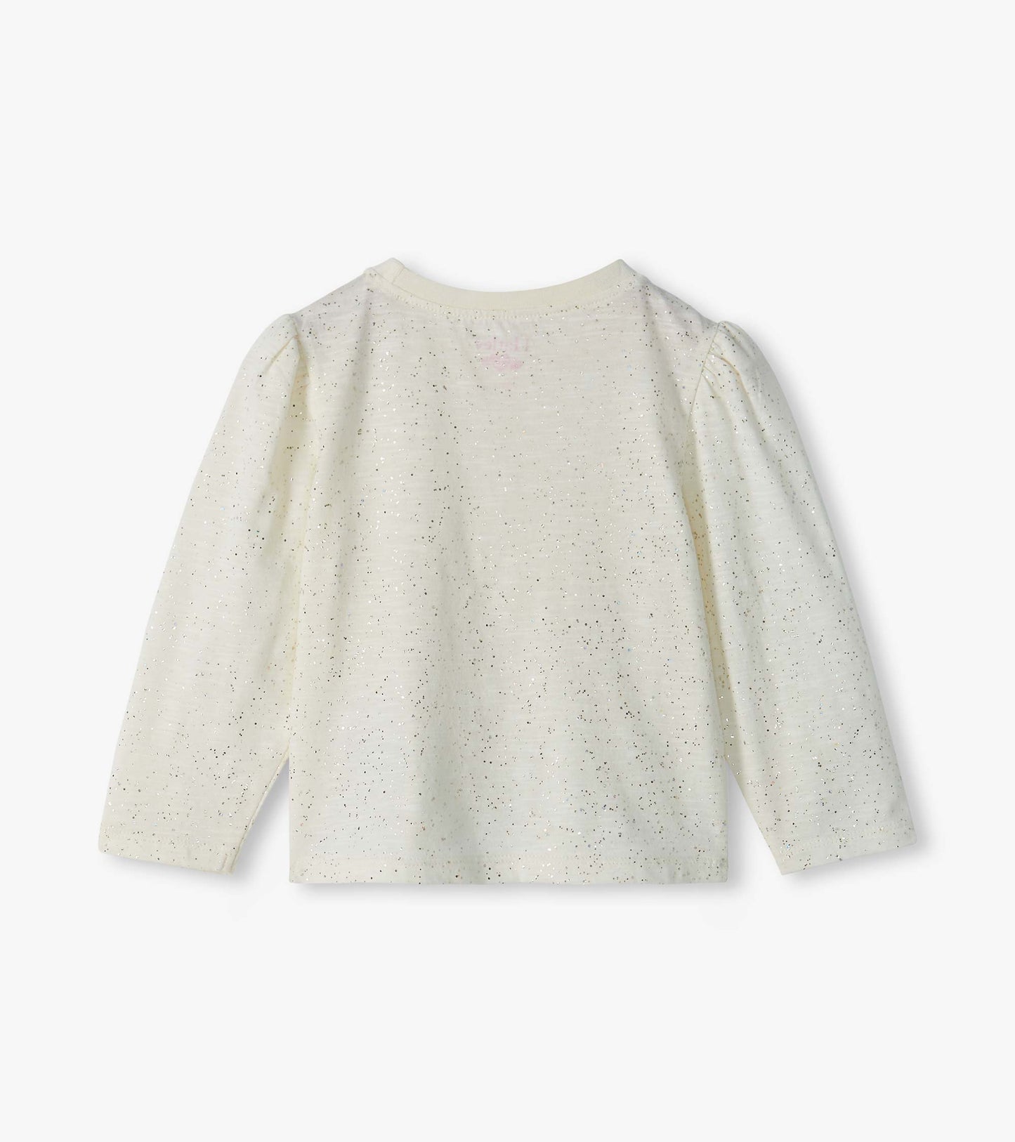 Back view of cream infant tee with silver glitter speckles and puff shoulders