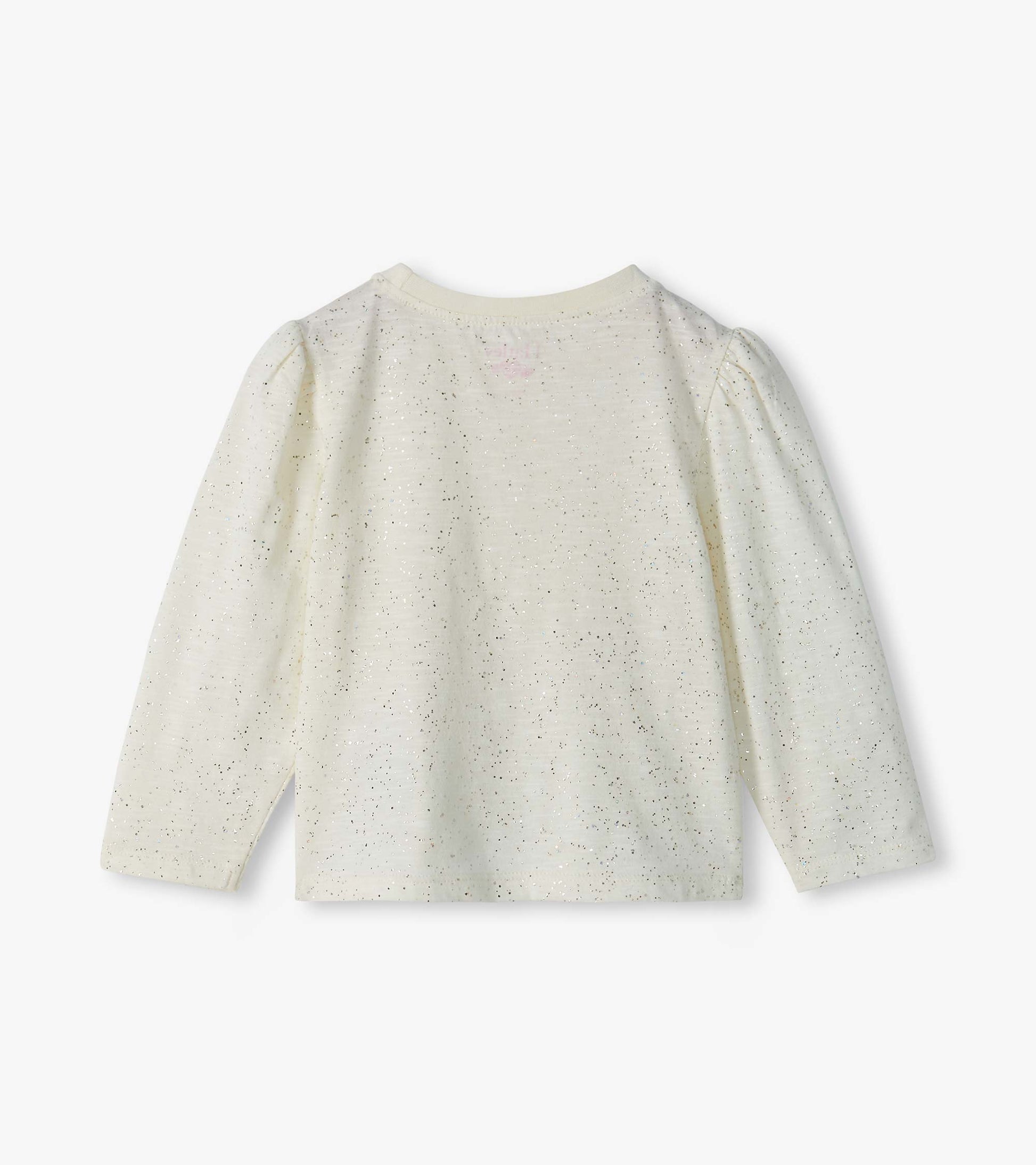 Back view of cream infant tee with silver glitter speckles and puff shoulders
