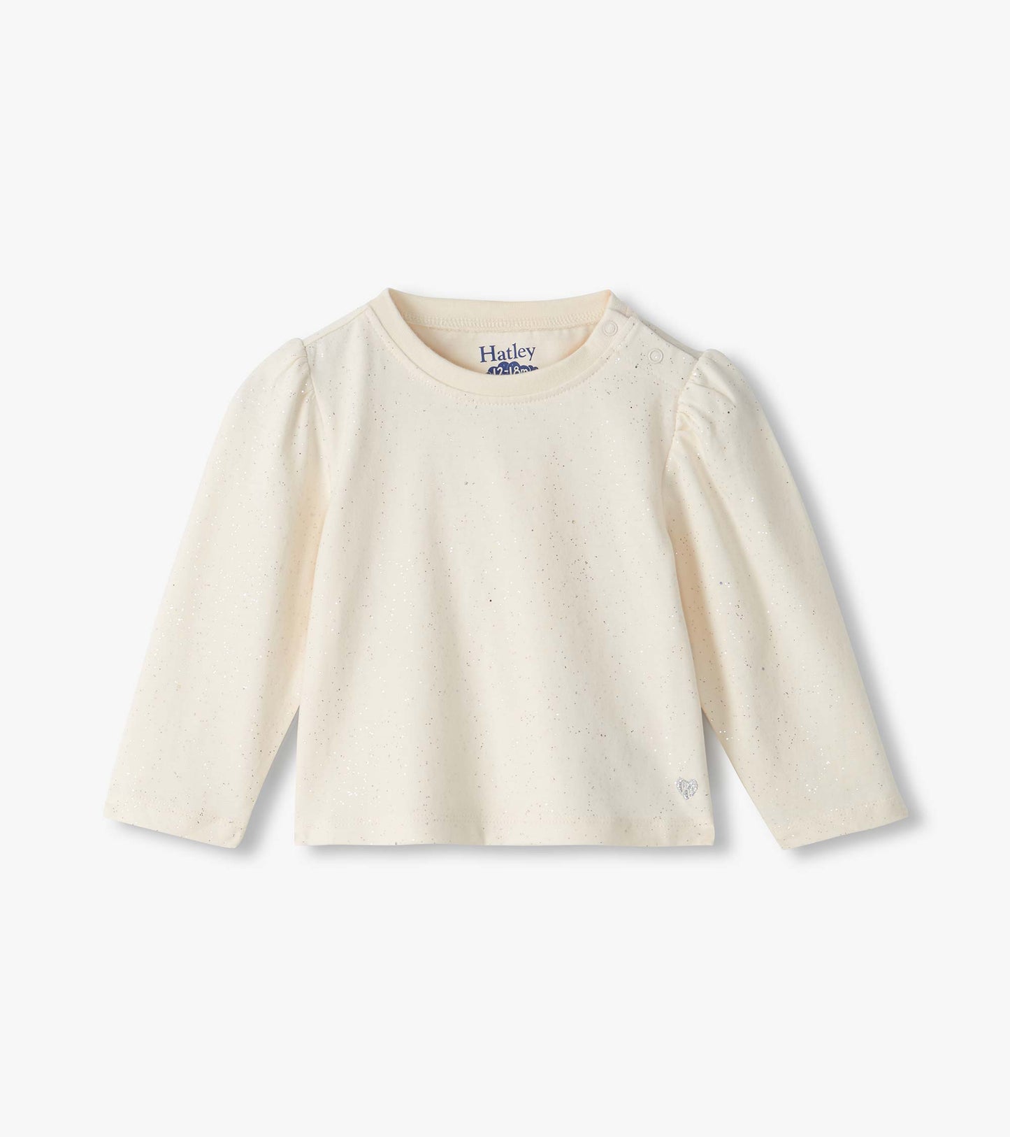 Front view of cream infant tee with subtle glitter speckles, puff shoulders, and shoulder snaps