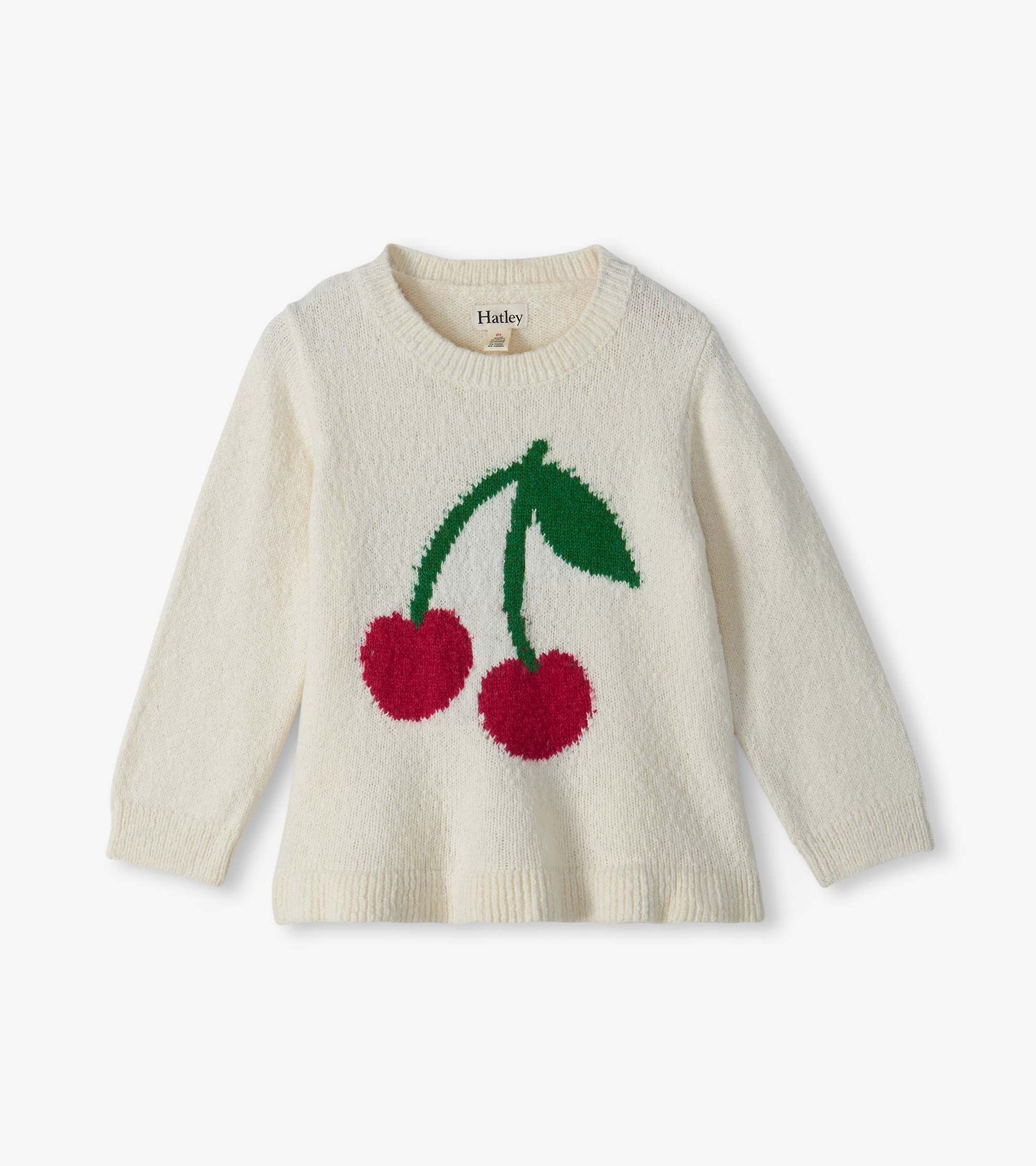Cream long-sleeve infant sweater with a large red cherry graphic on the front