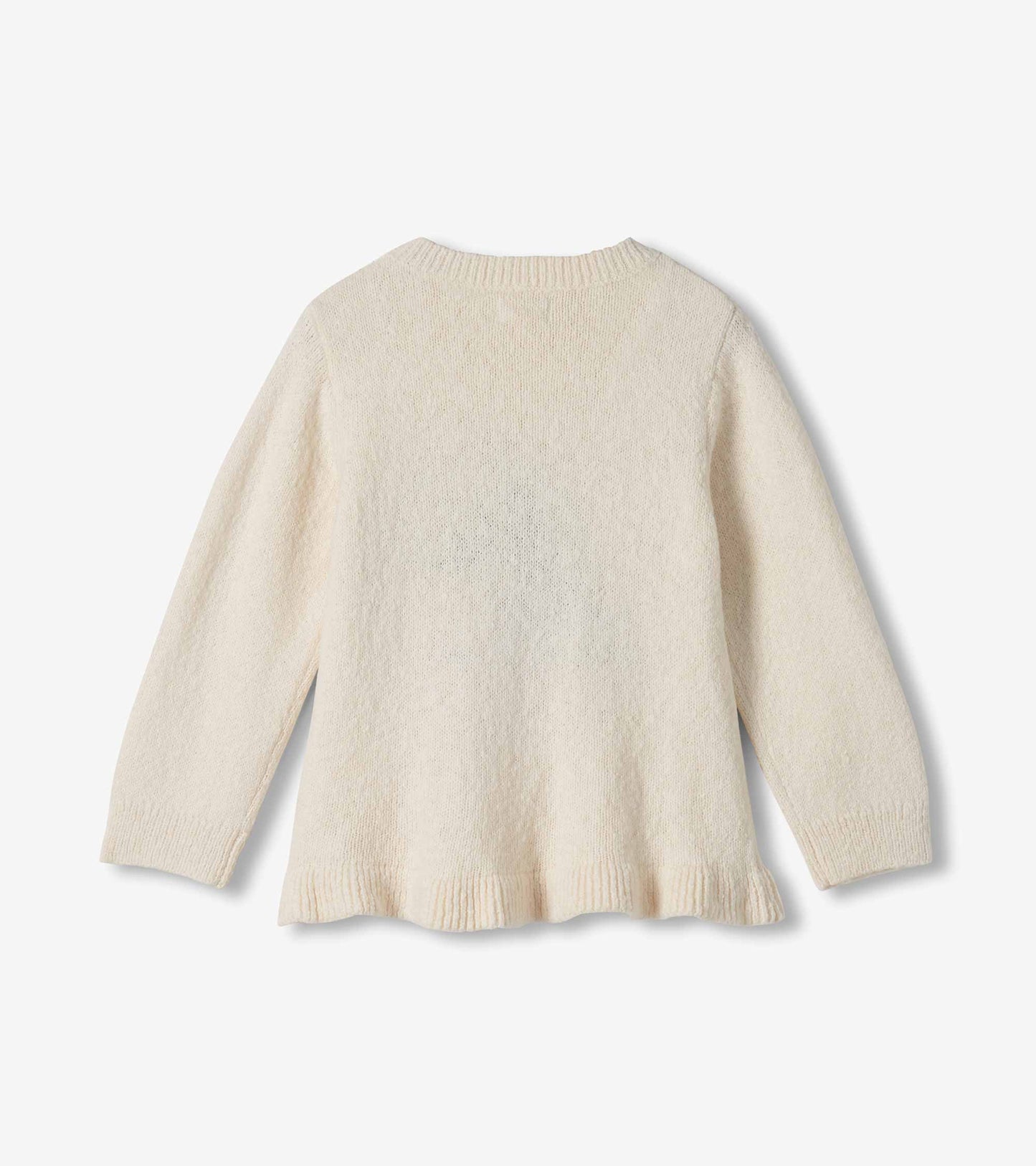 Back view of cream girls sweater with long sleeves, ribbed neckline and cuffs, and ruffled hem
