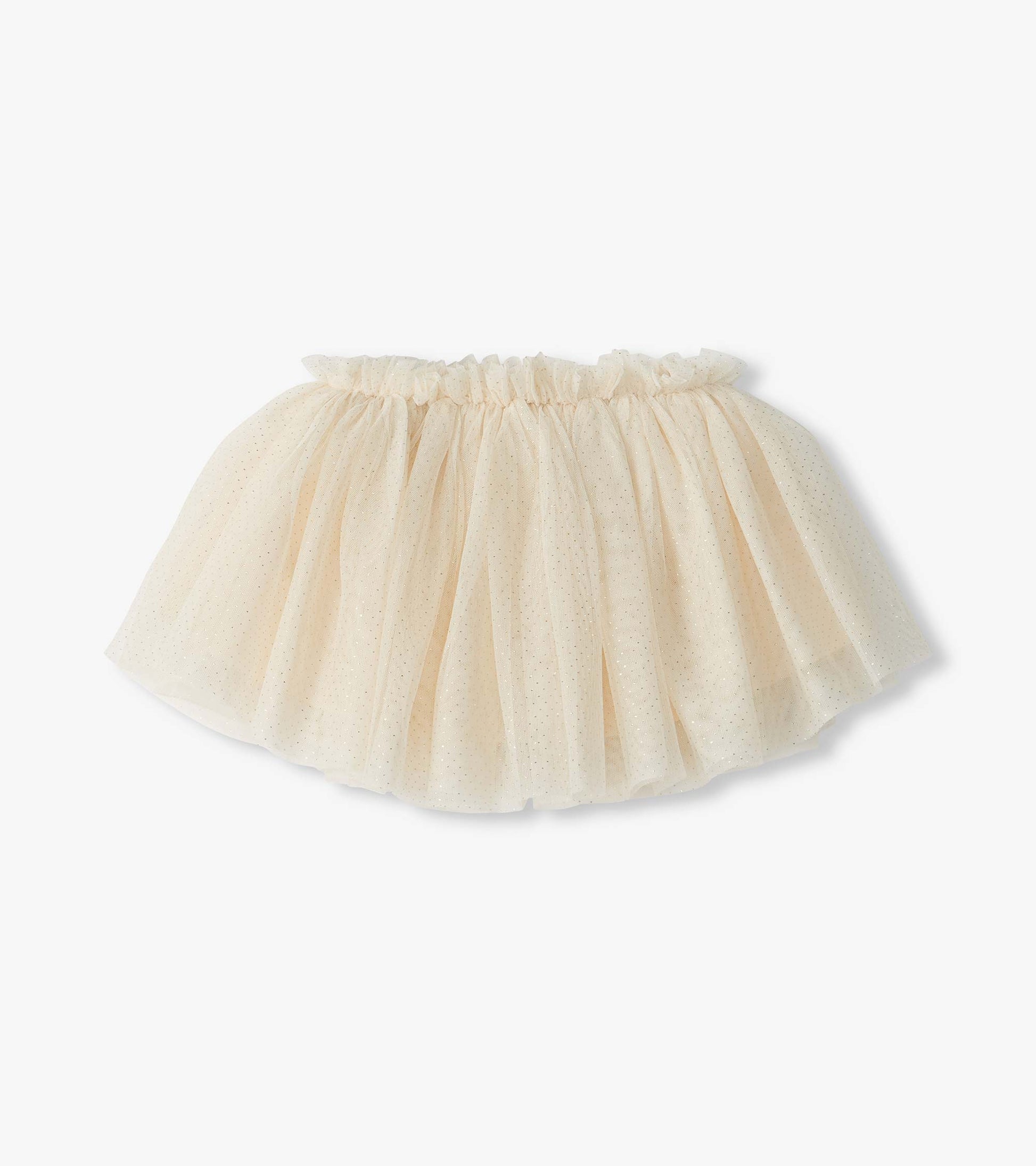 Gardenia Puffy Tutu in cream, shown flat with a ruffled elastic waist and layered glitter dot skirt