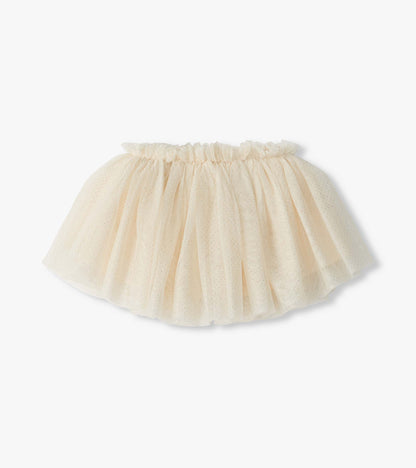 Gardenia Puffy Tutu in cream, shown flat with a ruffled elastic waist and layered glitter dot skirt