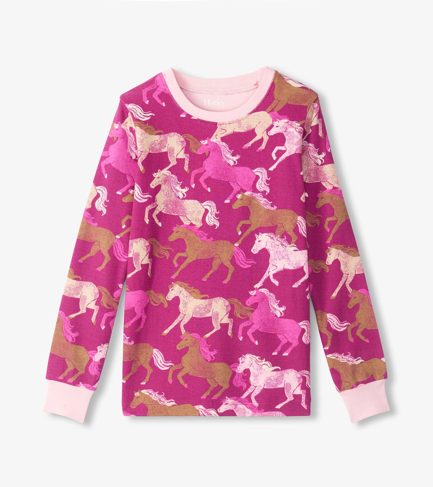 Girls pajama top in berry pink with allover galloping horse print and light pink neckline and cuffs