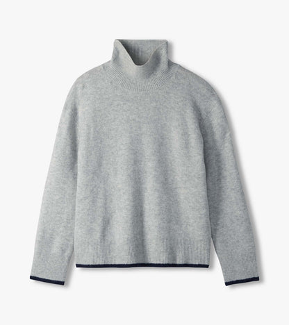 Athletic grey mock neck sweater laid flat, showing ribbed collar, cuffs, and navy trim at hem and cuffs