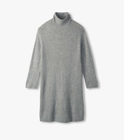Grey melange sweater dress shown flat with turtleneck, long sleeves and knee-length straight shape