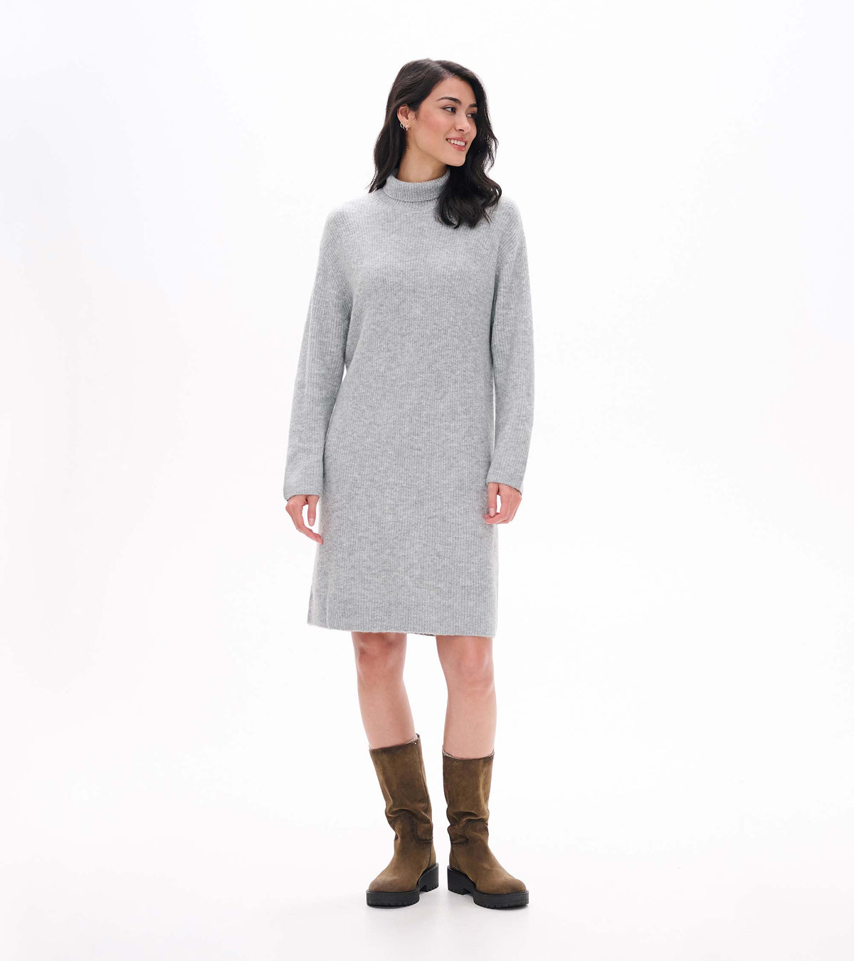 Front view of grey melange turtleneck sweater dress with long sleeves and straight knee-length fit