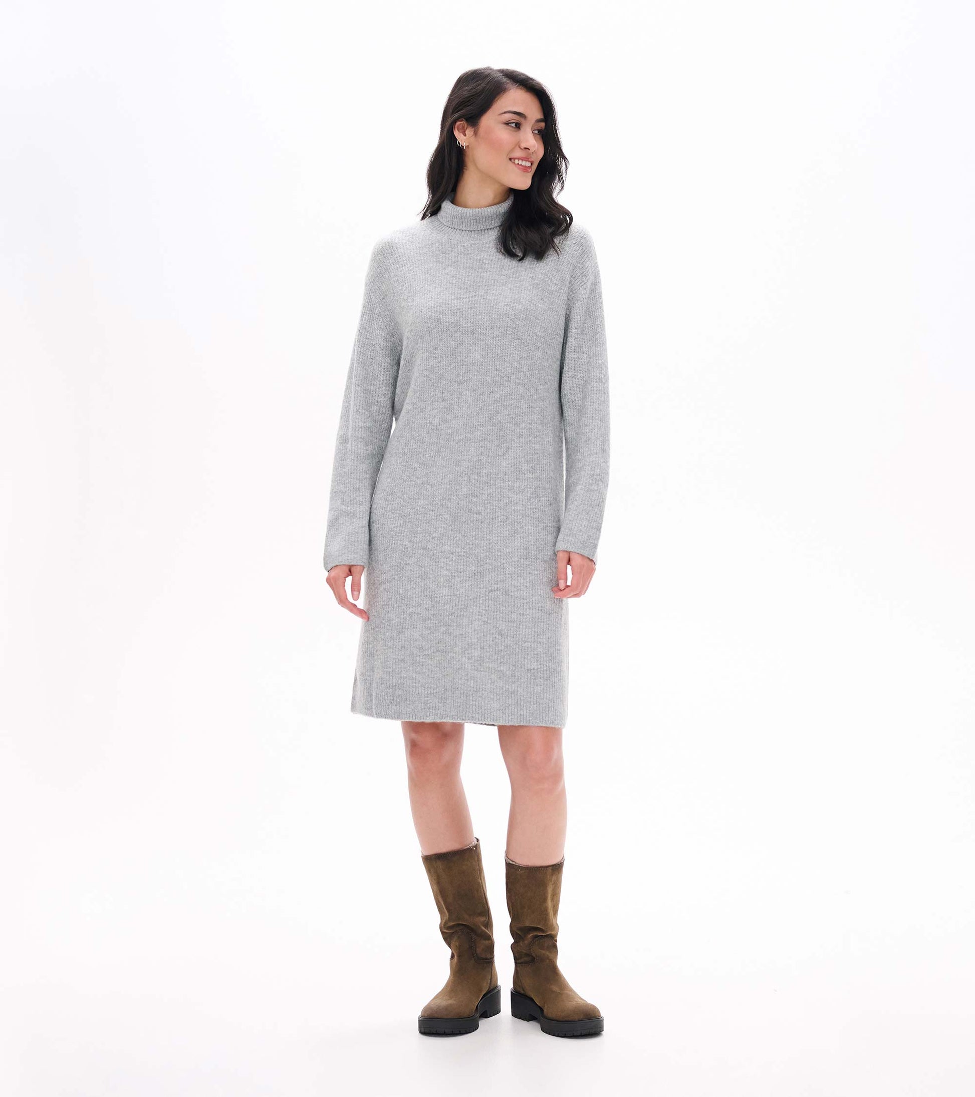 Front view of grey melange turtleneck sweater dress with long sleeves and straight knee-length fit