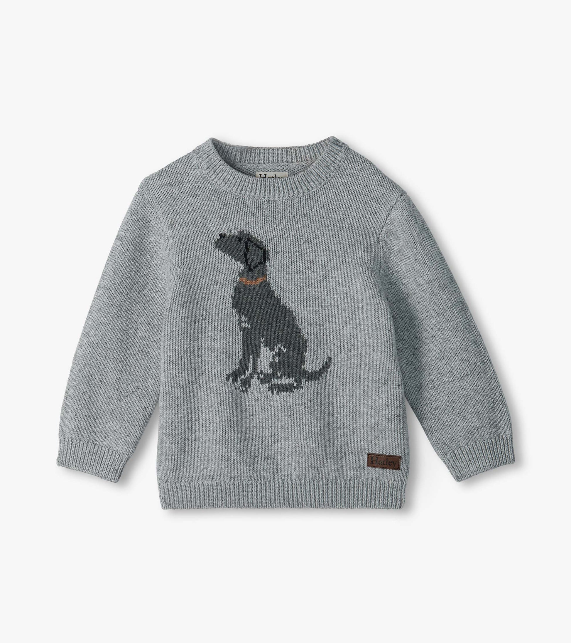 Gray crew neck sweater with long sleeves and a black Labrador dog graphic on the front