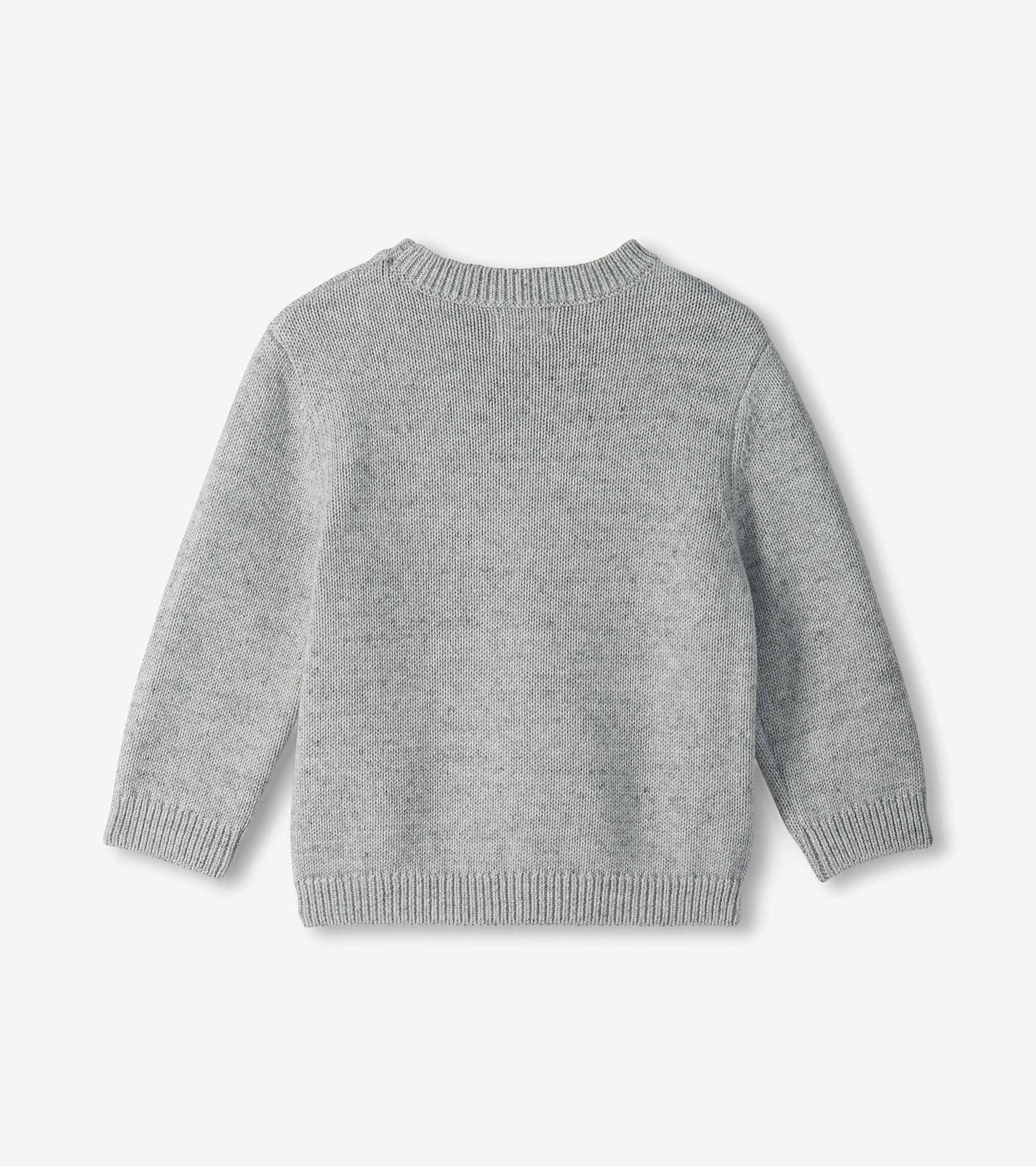 Back view of a heather gray crew neck sweater with long sleeves and ribbed hem, cuffs, and neckline