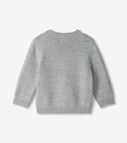 Back view of a heather gray crew neck sweater with long sleeves and ribbed hem, cuffs, and neckline