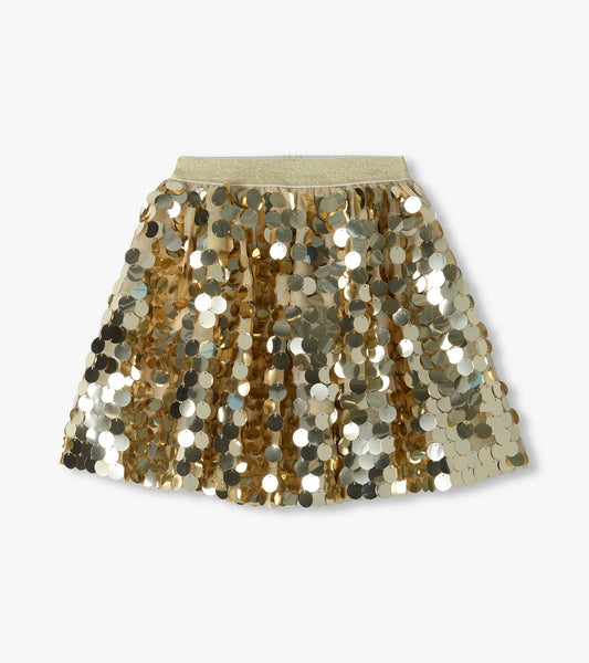 Girls gold sequin skirt with a glittery elastic waistband and flared silhouette