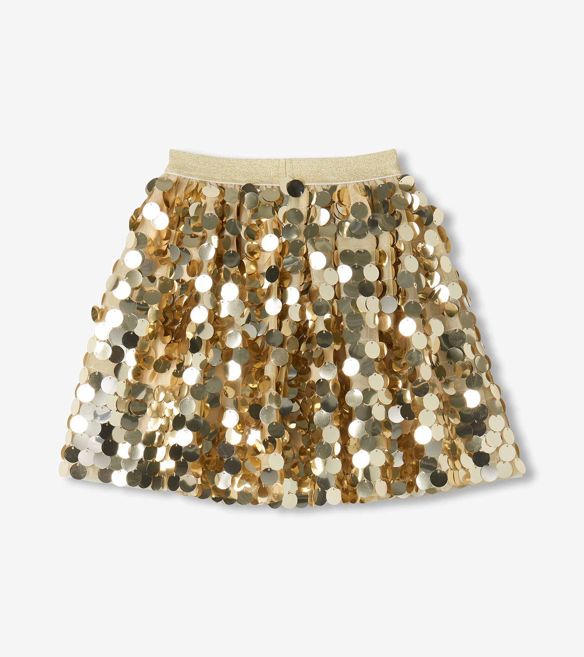 Front view of girls gold sequin skirt with a glittery elastic waistband