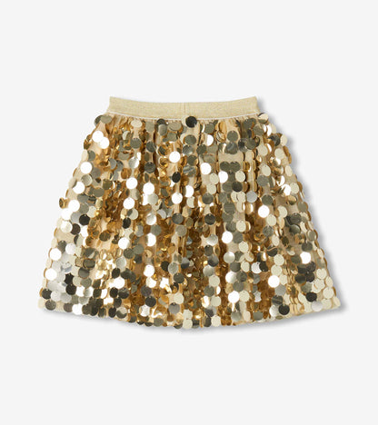 Front view of girls gold sequin skirt with a glittery elastic waistband