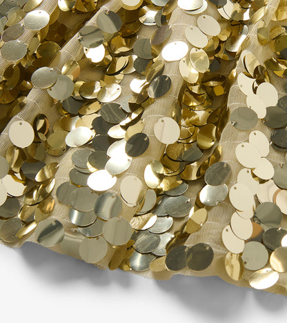 Close-up of gold disc sequins on the girls skirt