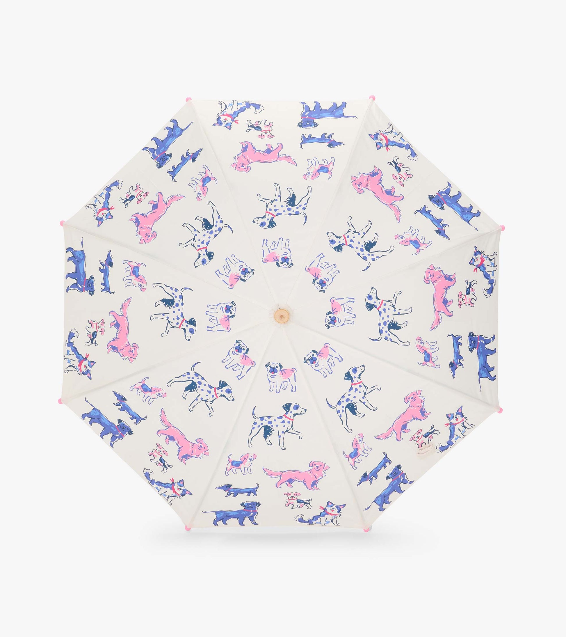 Top view of clear umbrella canopy with pink and blue dog illustrations and pink tip caps