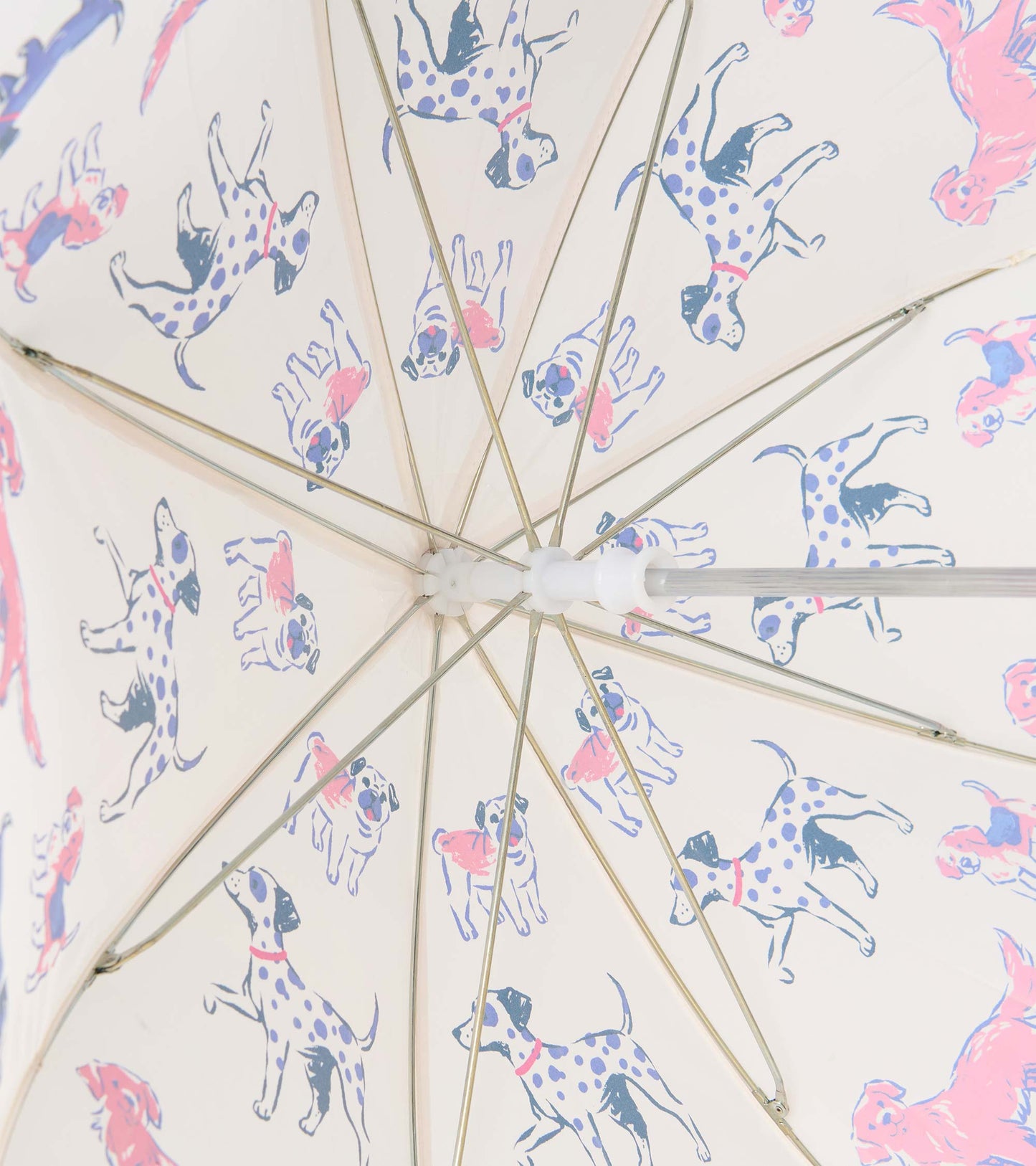 Interior view of clear umbrella showing metal ribs and pink and blue dog illustrations