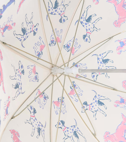 Interior view of clear umbrella showing metal ribs and pink and blue dog illustrations