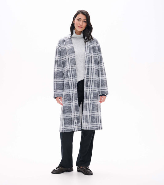 Front view of Paxton Jacket in charcoal plaid, long open coat with notch collar