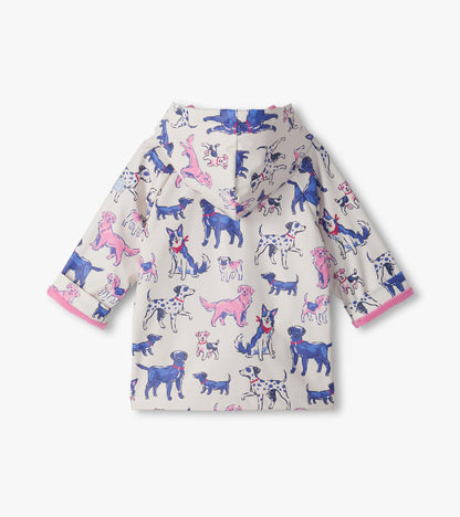 Back view of infant rain coat with hood, pink lining, and blue and pink puppy print